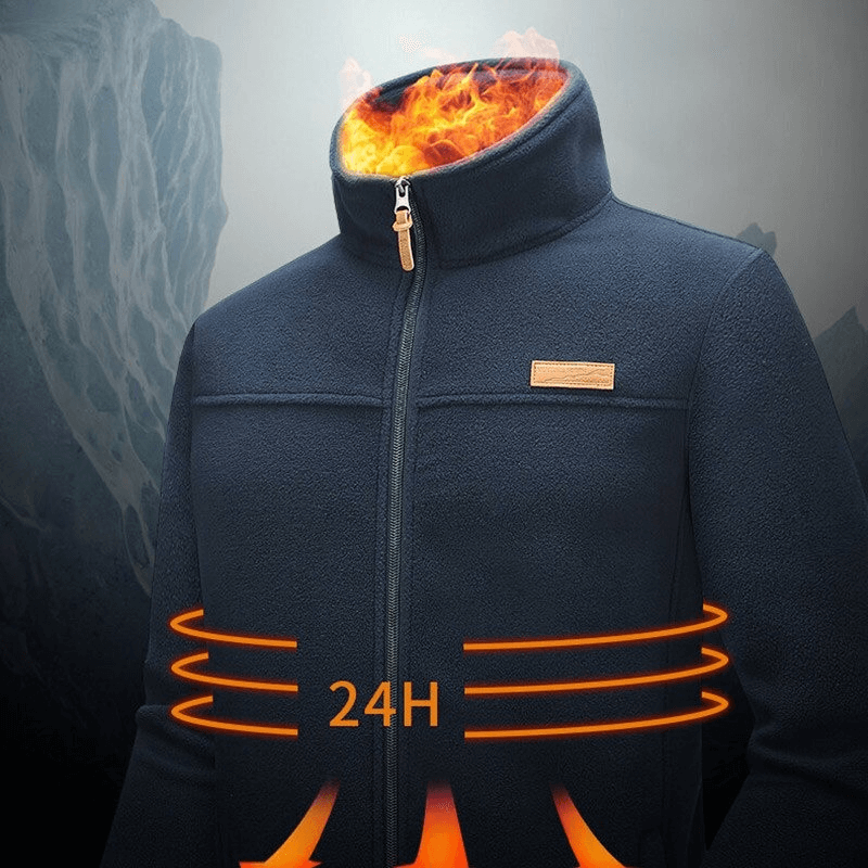 Trekking men's fleece jacket with high collar, zipper, and pockets, showing heat insulation features for outdoor adventures.