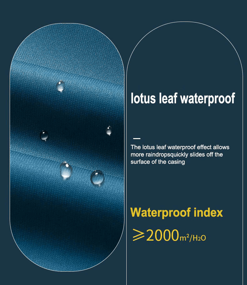 Close-up of waterproof fabric with lotus leaf effect, showcasing raindrop resistance and waterproof index of over 2000m²/H2O.