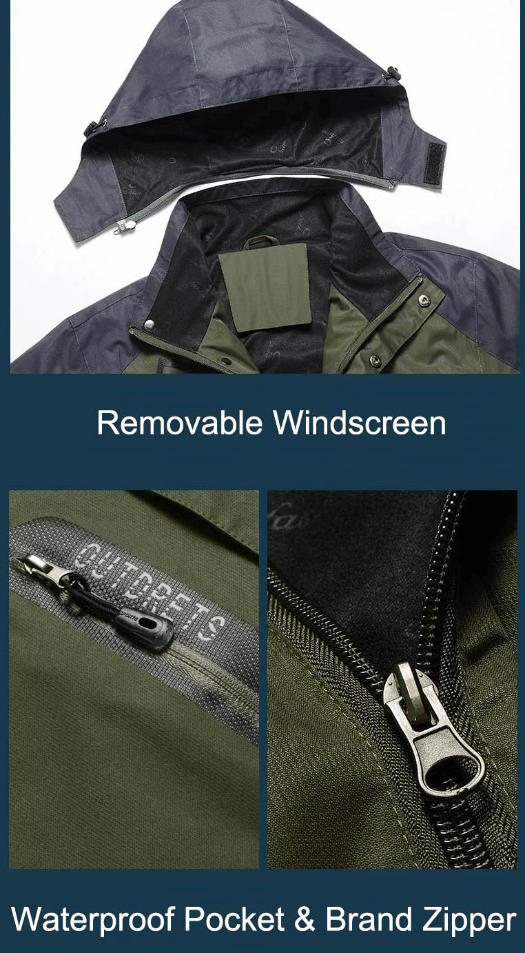 Trekking Men's Waterproof Hiking Jacket with removable windscreen, waterproof pocket, and brand zipper for outdoor adventures.