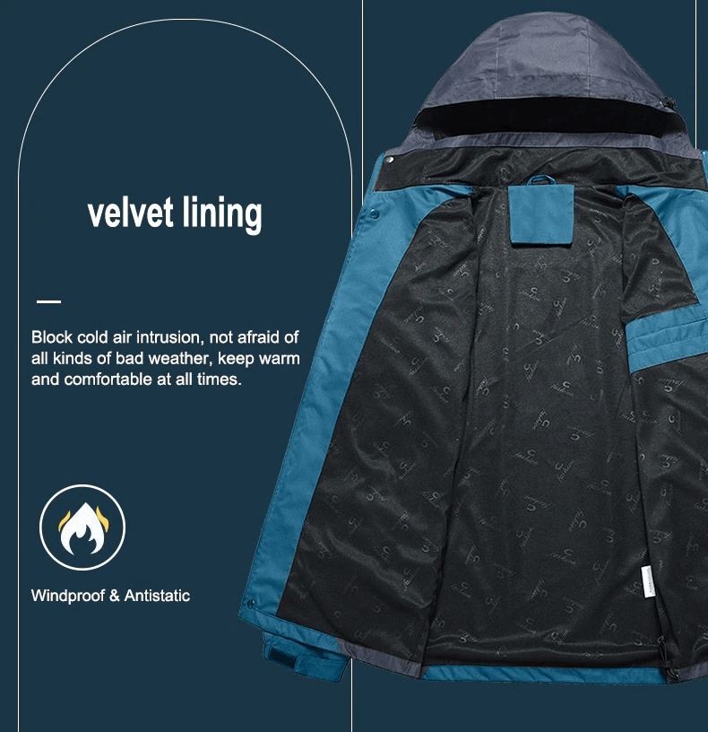 Velvet lined men's waterproof hiking jacket, blue with windproof and antistatic features, perfect for all weather outdoor adventures.