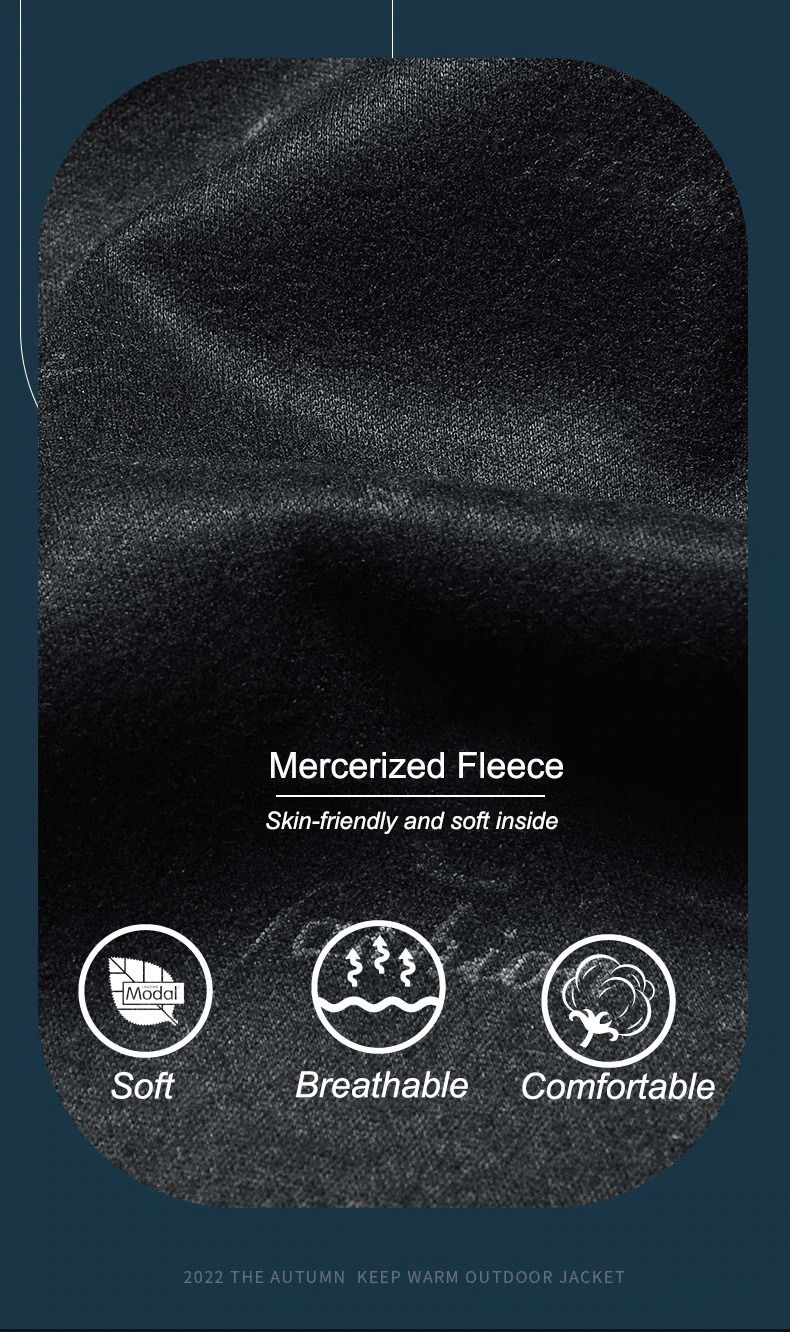 Close-up of mercerized fleece fabric, labeled as soft, breathable, and comfortable, emphasizing skin-friendly qualities.