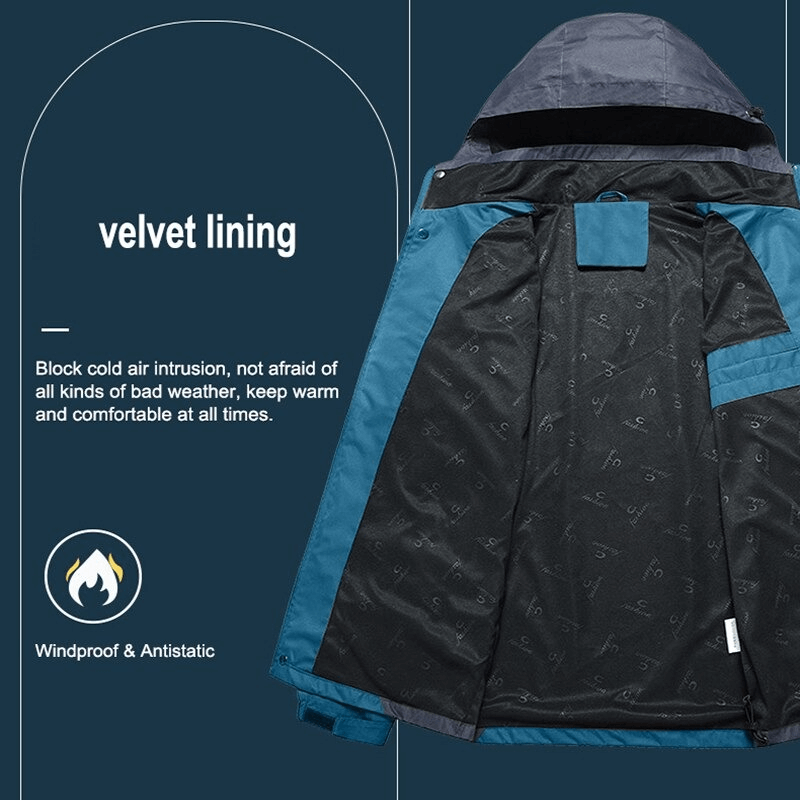 Men's waterproof hiking jacket with hem adjuster, blue and black with velvet lining, windproof and anti-static design.