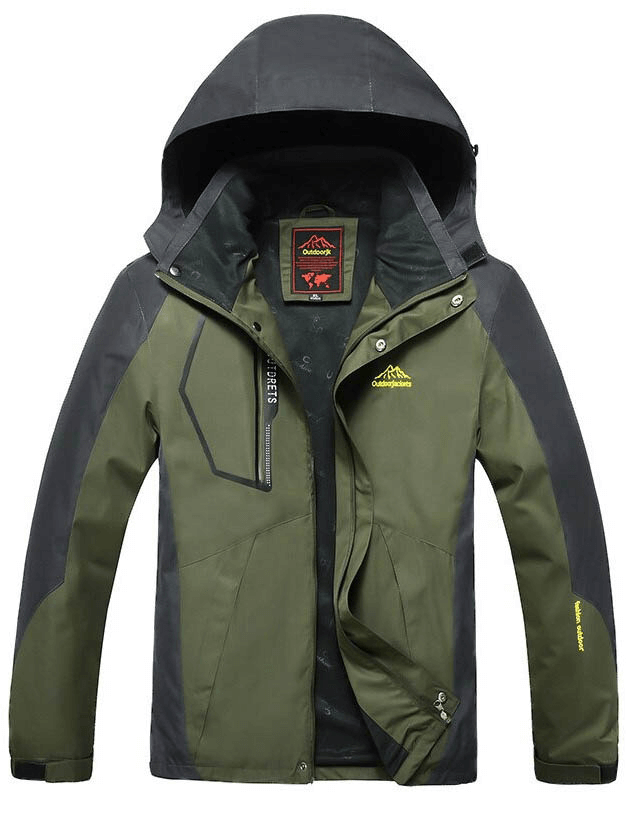 Trekking Men's Waterproof Hiking Jacket SF0522, green and black with hood, hem adjuster for outdoor comfort, durable and thermal design.