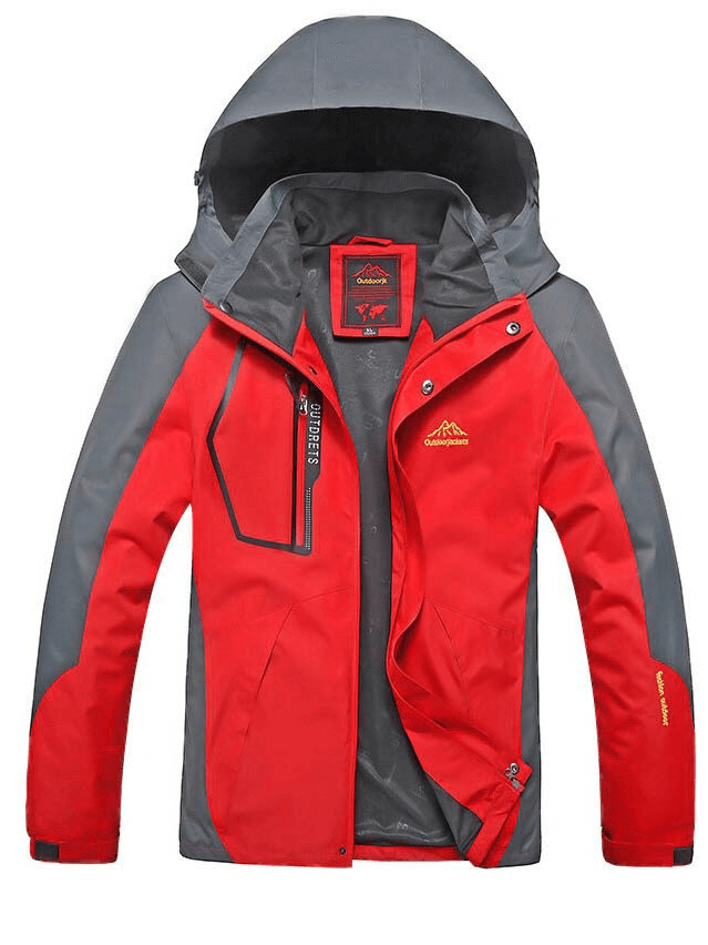 Red trekking men's waterproof hiking jacket with hem adjuster, windproof and durable for outdoor adventures - Model SF0522.