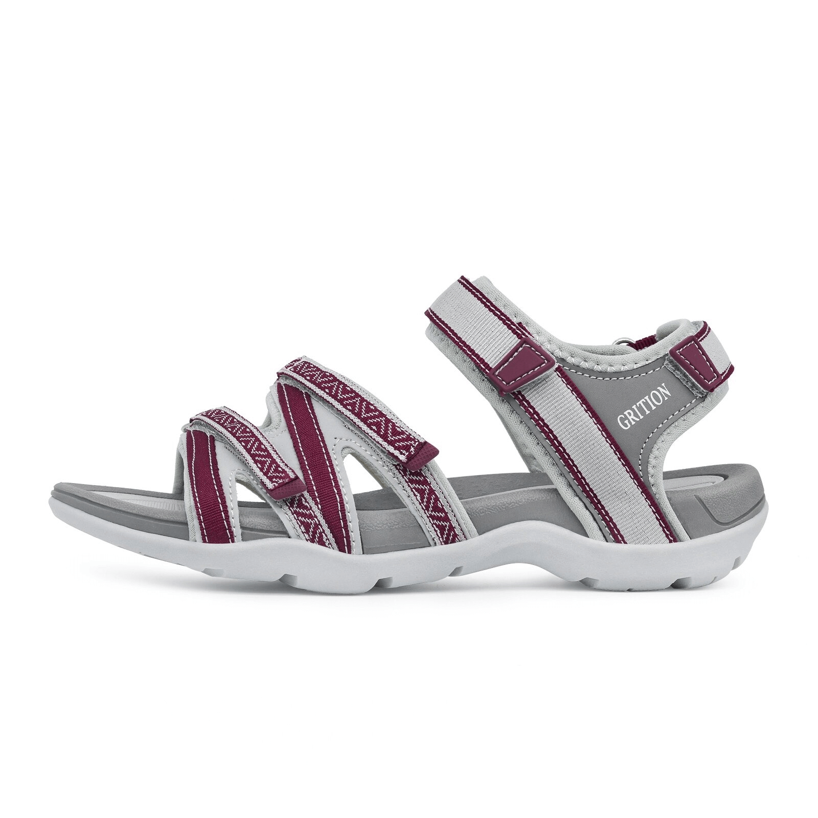 Trekking non-slip women's sandals with adjustable hooks in maroon and grey, ideal for outdoor adventures. Shock-absorbent and breathable.