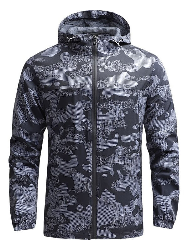 Men's trekking zipper hooded windbreaker, camo pattern, waterproof and windproof jacket for camping and hiking.