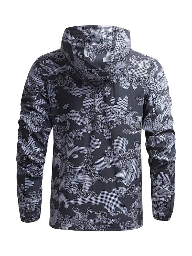 Men's hooded windbreaker with zipper in camo pattern, perfect for trekking and camping, waterproof and quick-dry jacket.