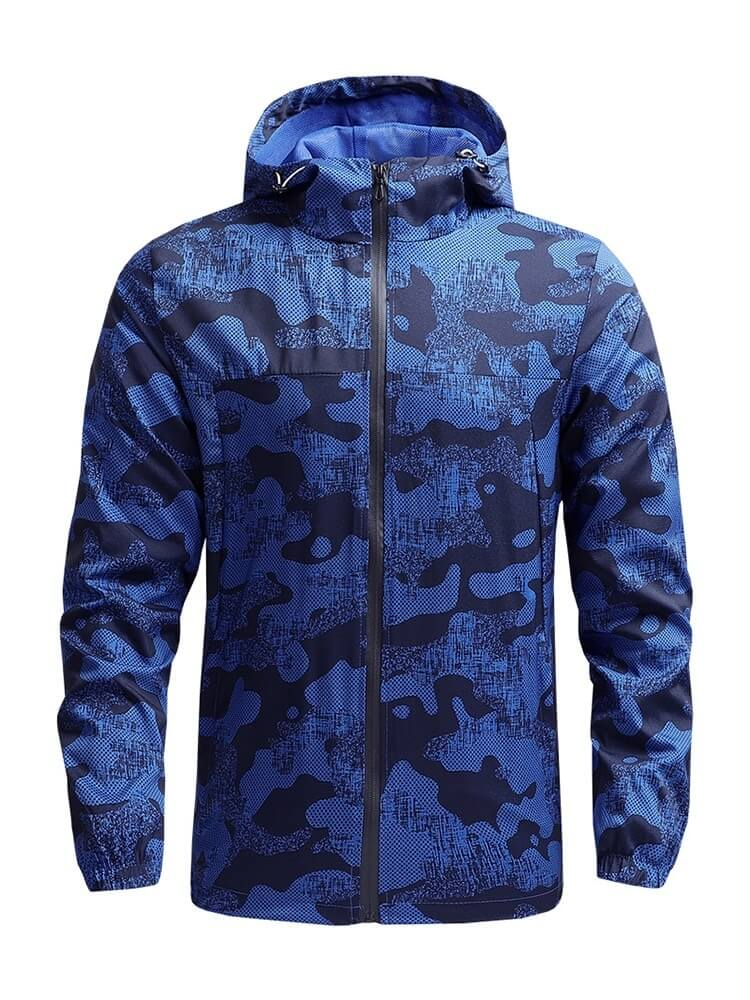 Blue camo men's trekking zipper hooded windbreaker, waterproof and windproof, ideal for hiking and camping.