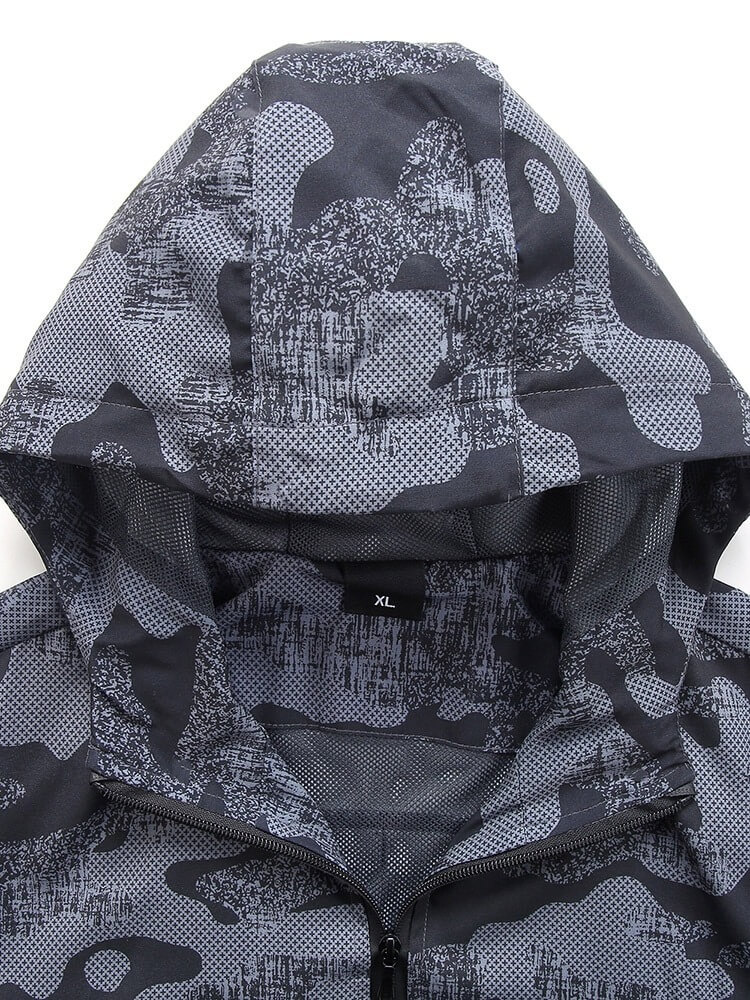 Men's camouflage trek jacket with hood, XL size, ideal for hiking. Quick-dry, waterproof, and windproof. Perfect outdoor gear.