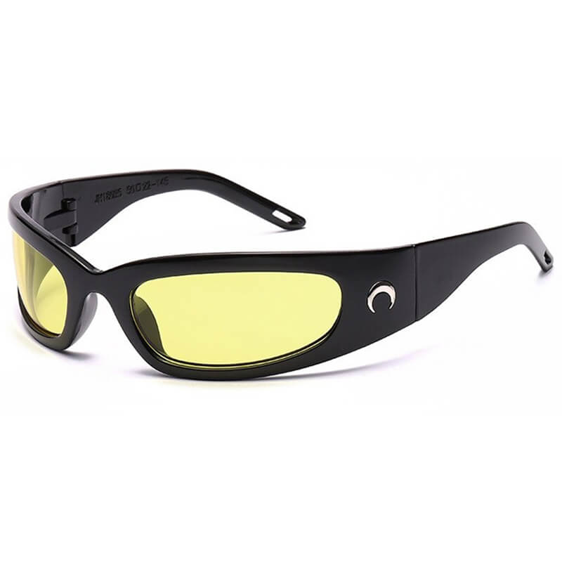 Yellow lens black sunglasses with sleek design and crescent moon detail