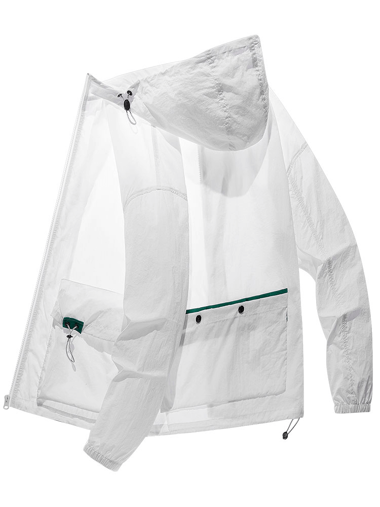Ultra-light white windbreaker jacket with hood, showcasing multi-pocket design and zipper closure, perfect for wind and rain protection.