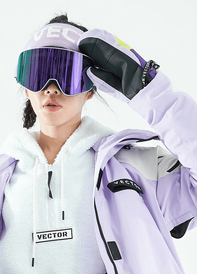 Woman wearing purple ski gear and Ultralight Thickened Waterproof Women's Ski Gloves, showcasing anti-slip design and insulation.