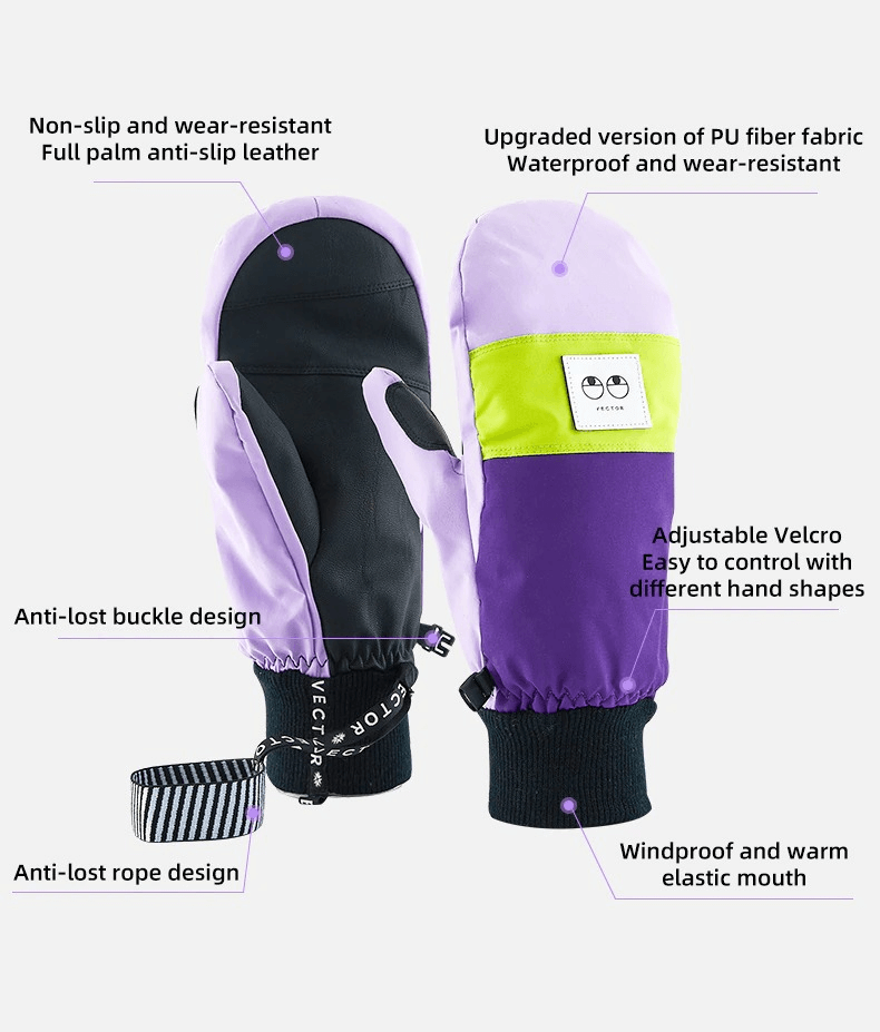 Purple women's ski gloves, waterproof and windproof, with anti-slip design, adjustable Velcro, and anti-lost buckle and rope features.