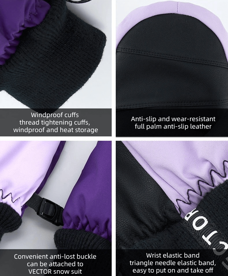 Ultralight waterproof women's ski gloves with windproof cuffs, anti-slip leather, anti-lost buckle, and easy-fit wrist elastic.