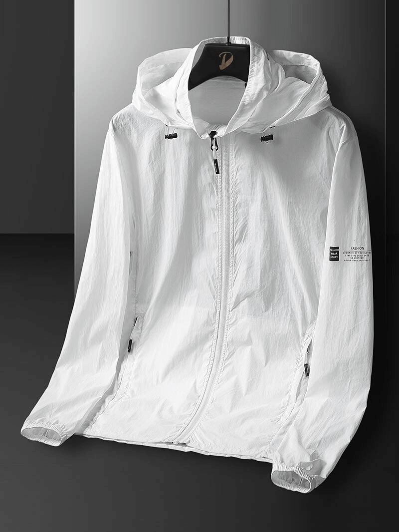 Ultrathin Hooded Cycling Jacket, lightweight white design with detachable hood, sun protection, zipper closure, SF0584 model.
