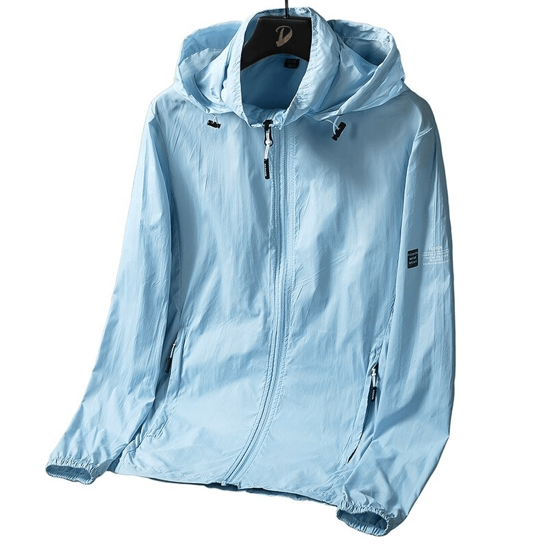 Ultrathin hooded cycling male jacket in light blue, featuring detachable hood, breathable Lyocell and Acrylic fabrics for sun protection.