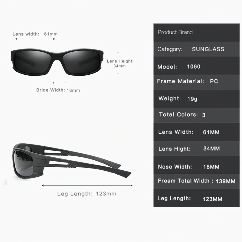Unisex Anti-Glare UV400 Polarized Sunglasses SF0543, detailed specs showing lens width, nose width, and leg length.