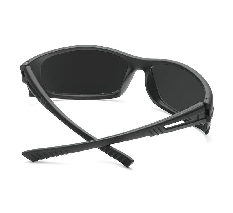 Back view of unisex anti-glare UV400 polarized sunglasses with black frames, ideal for driving and outdoor activities.