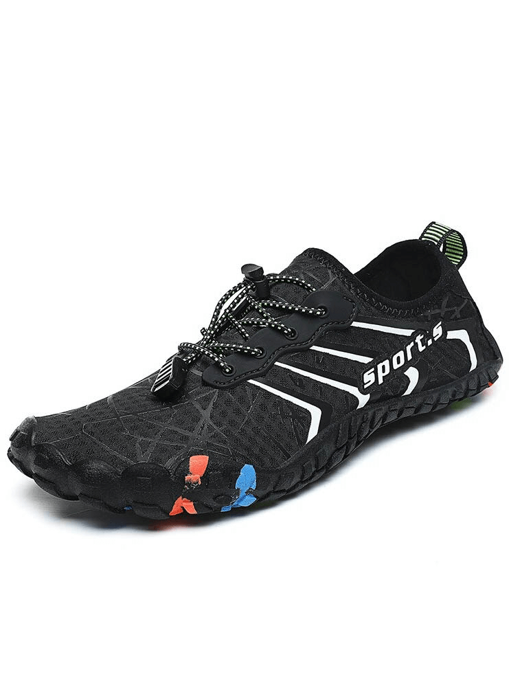 Unisex breathable non-slip water shoes with elastic drawstring in black, featuring quick-dry fabric and secure fit for water activities.