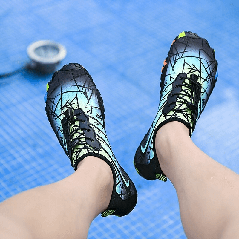 Unisex breathable non-slip water shoes with elastic drawstring worn near poolside, showing stylish design and secure fit.