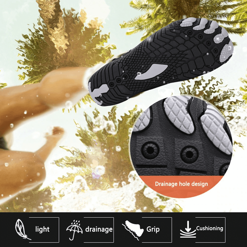 Unisex Breathable Nonslip Aquatic Sneakers showing drainage hole design and nonslip grip in action underwater.
