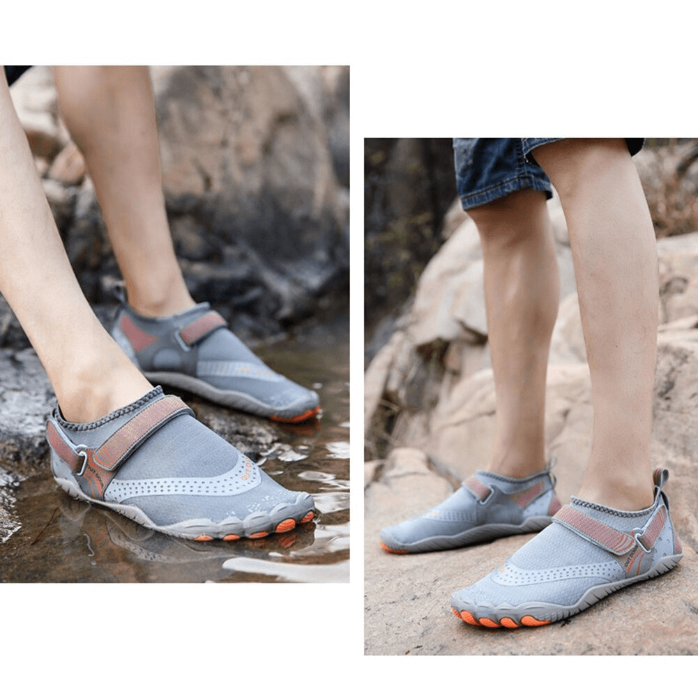 Unisex breathable nonslip aquatic sneakers in gray, showcasing rubber upper and EVA insole, ideal for water activities.