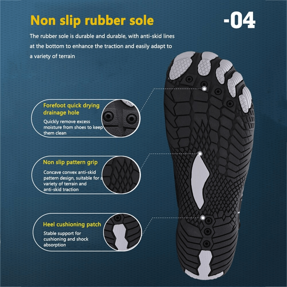 Non-slip rubber sole of aquatic sneaker showing drainage holes and grip pattern for safe water activities.