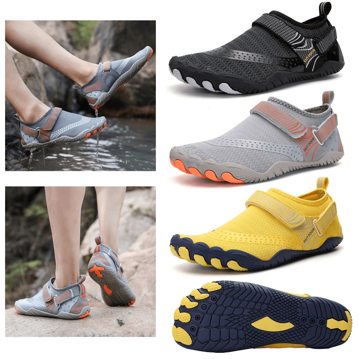 Unisex breathable nonslip aquatic sneakers in black, gray, and yellow, featuring rubber sole and hook & loop closure for safe water activities.