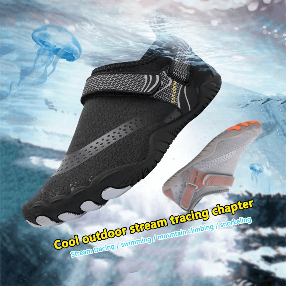 Unisex breathable nonslip aquatic sneakers for swimming and snorkeling, featuring a stylish design in black and gray.