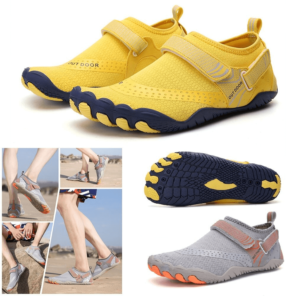 Unisex breathable nonslip aquatic sneakers in yellow and gray, showcasing rubber soles and EVA insole, perfect for water activities.