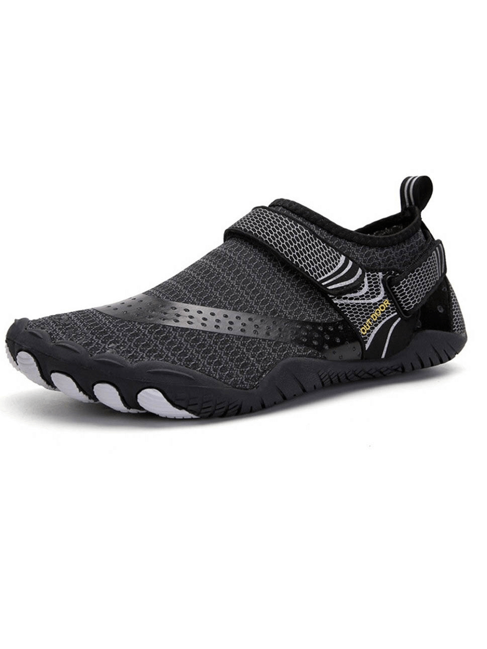 Unisex breathable nonslip aquatic sneaker, black with hook & loop closure, designed for comfort and safety in water activities.