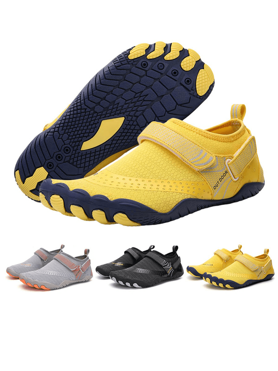 Unisex breathable nonslip aquatic sneakers in yellow, gray, and black, featuring rubber outsole and hook & loop closure for swimming.