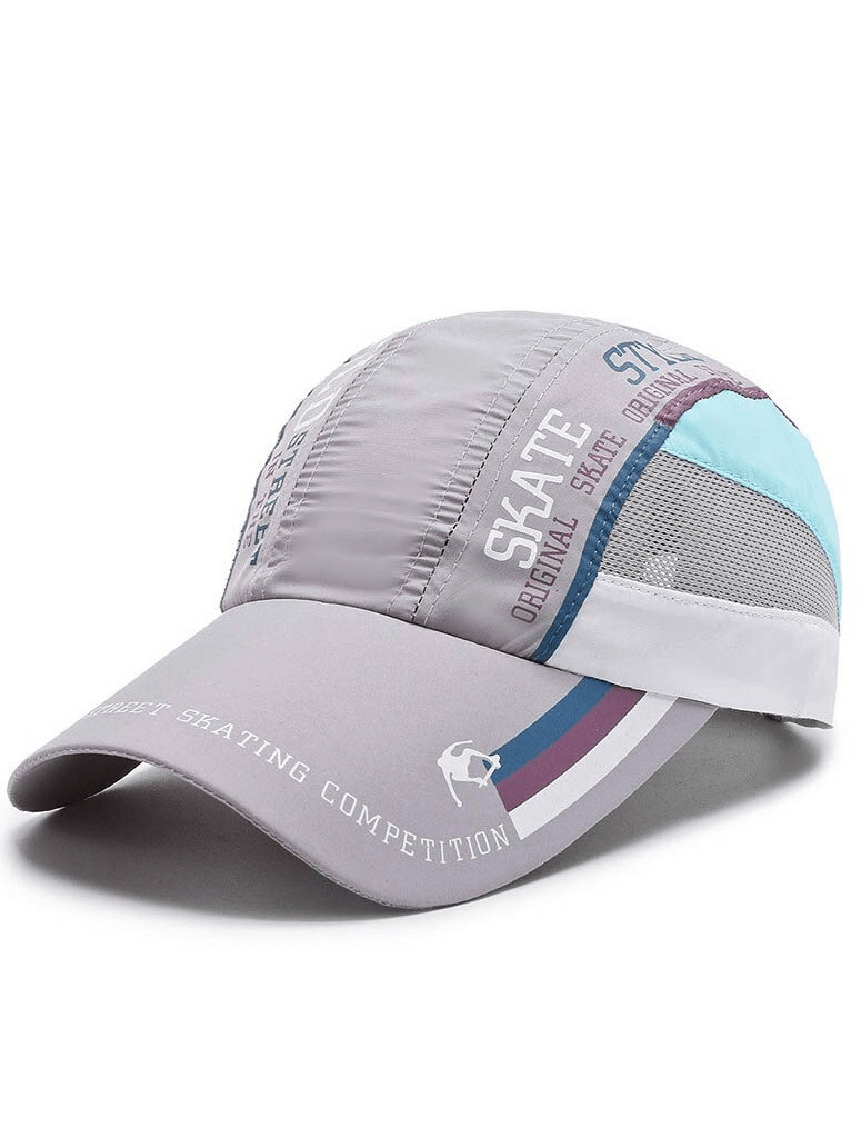 Unisex breathable thin baseball cap in gray with patchwork design, featuring adjustable fit and lightweight polyester for sports and outdoor use.