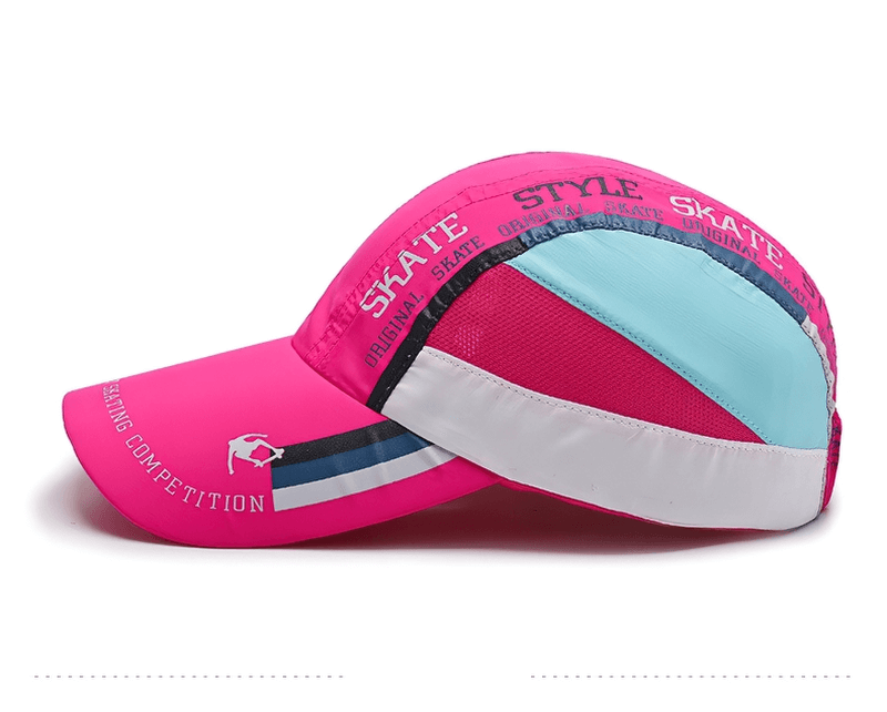 Vibrant pink unisex breathable baseball cap with colorful patchwork, perfect for sports and outdoor activities. Adjustable and lightweight design.