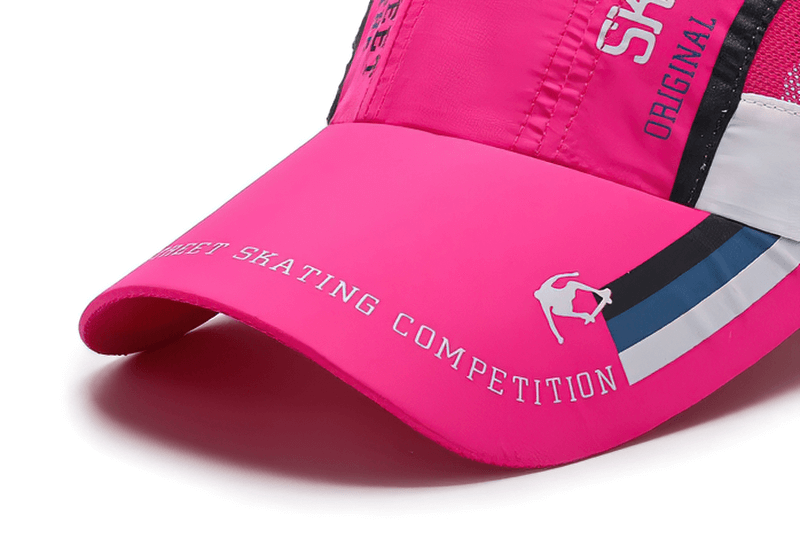 Pink unisex breathable baseball cap with patchwork design, featuring 'Street Skating Competition' text and adjustable fit for outdoor sports.