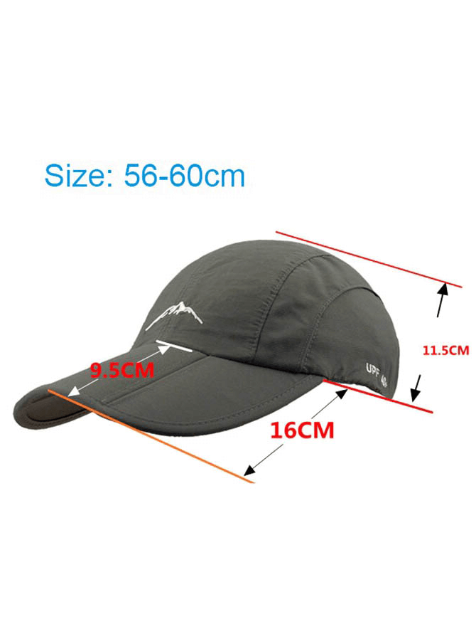 Unisex foldable waterproof outdoor baseball cap in gray with dimensions: 56-60cm size, 9.5cm brim, 11.5cm height, and 16cm length.