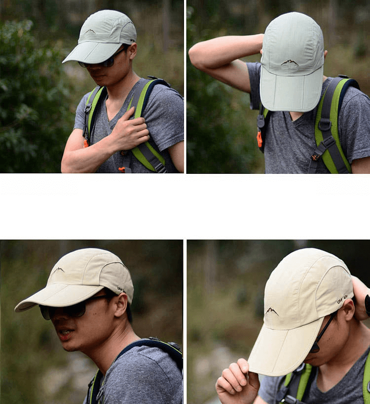 Unisex foldable waterproof outdoor sports baseball cap in action, perfect for hiking and outdoor adventures, with adjustable strap.