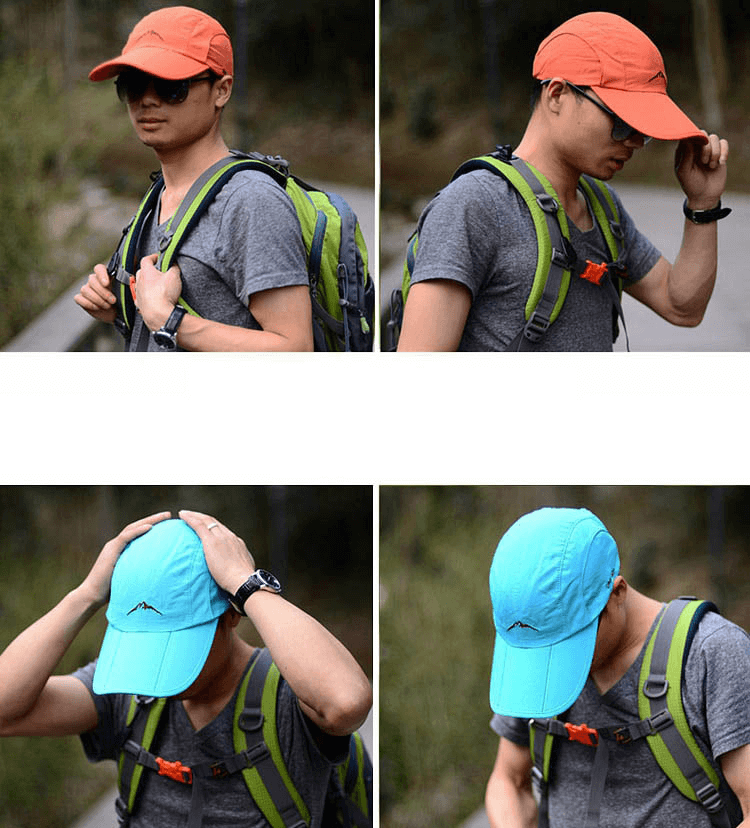 Person wearing unisex foldable waterproof outdoor sports baseball cap in orange and blue, ideal for active lifestyle.