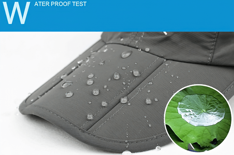 Unisex Foldable Waterproof Outdoor Sports Baseball Cap during waterproof test showing water droplets on fabric - SF0906