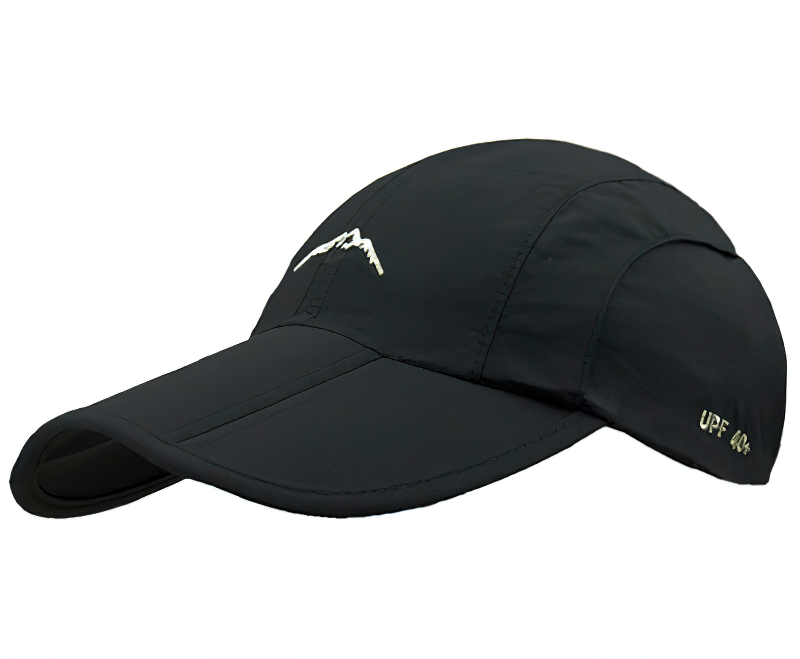 Black unisex foldable waterproof outdoor sports baseball cap with adjustable strap, perfect for active adventures - Model SF0906.