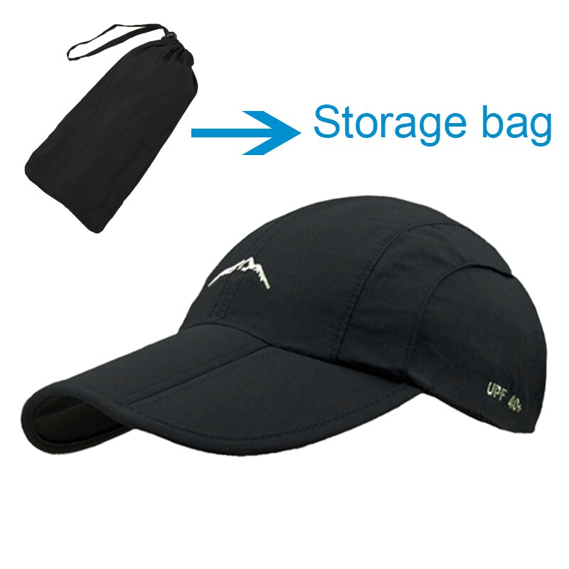 Unisex foldable black waterproof baseball cap with storage bag, perfect for outdoor sports and casual style. Model SF0906.