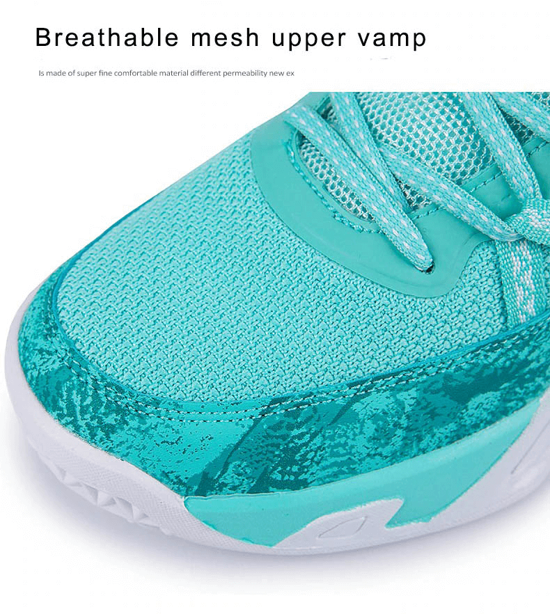 Close-up of breathable mesh upper and lace-up design on teal unisex antiskid basketball shoe with cushioning. Model SF0709.
