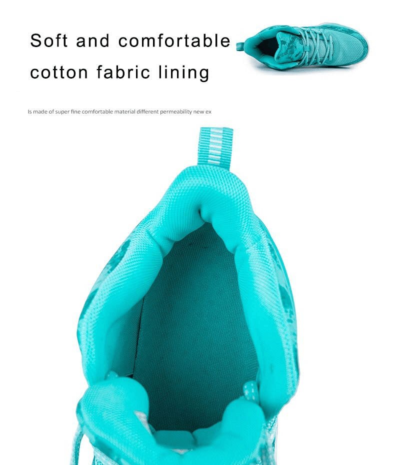 Turquoise unisex basketball shoe showcasing soft cotton lining with text highlighting comfort.