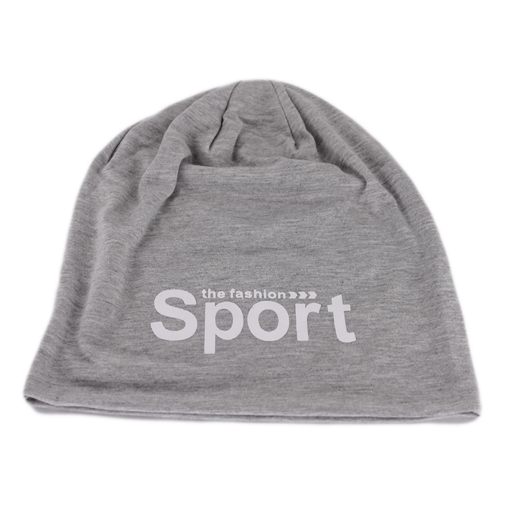 Gray unisex letter print sports beanie, lightweight polyester, casual head accessory SF0788.