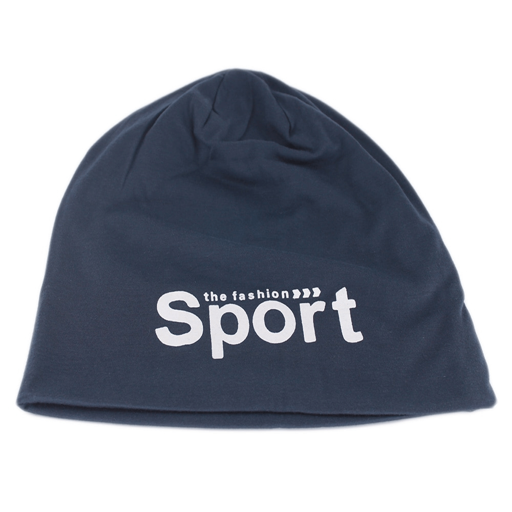 Unisex sports beanie with white letter print, lightweight and breathable polyester for casual and athletic wear.