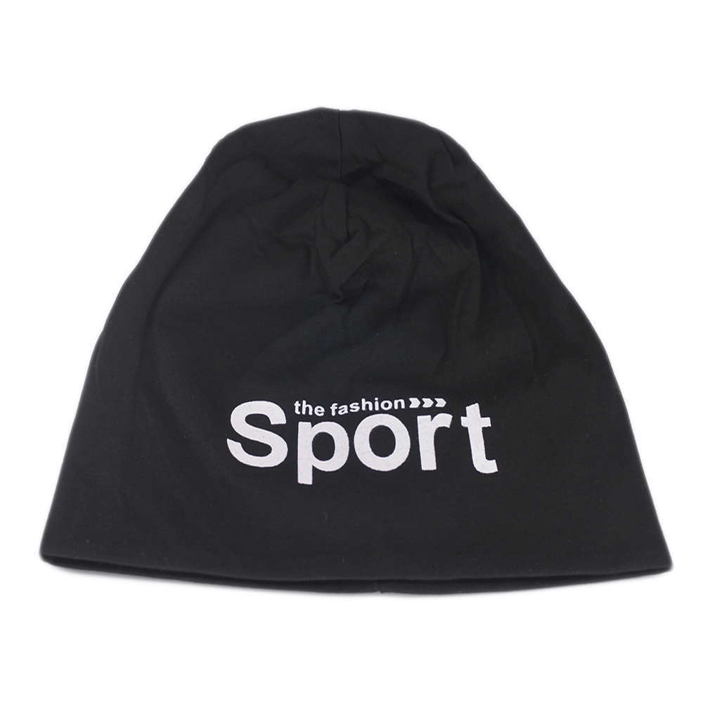 Unisex letter print sports beanie in black, featuring lightweight polyester material and stylish design. Perfect for casual or athletic wear.
