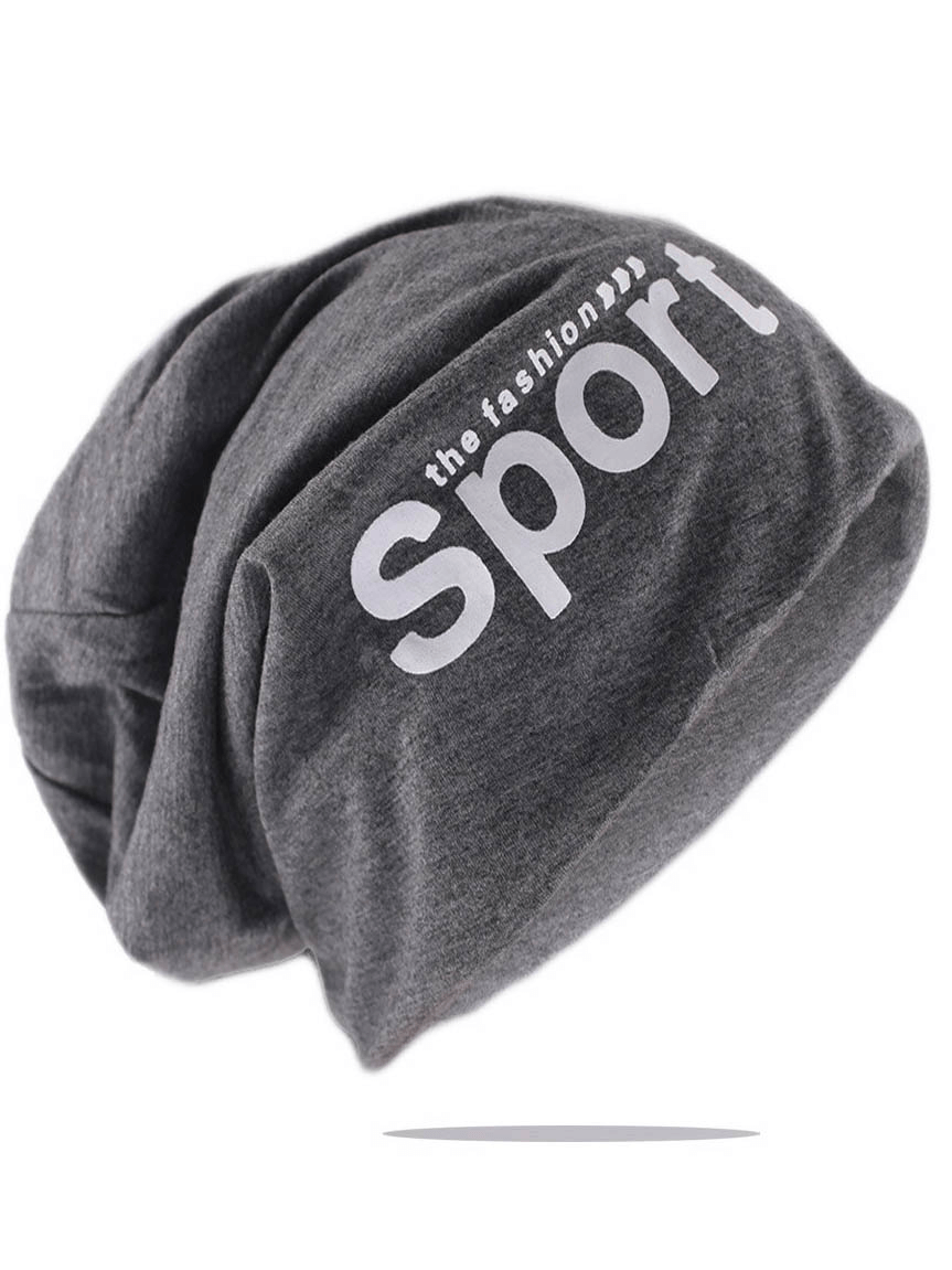 Unisex letter print sports beanie in grey, breathable polyester, stylish design for sports and casual activities, SF0788
