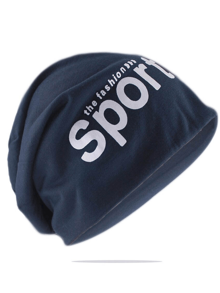 Unisex letter print sports beanie in navy blue with stylish white text, ideal for casual and athletic wear. Lightweight and breathable design.