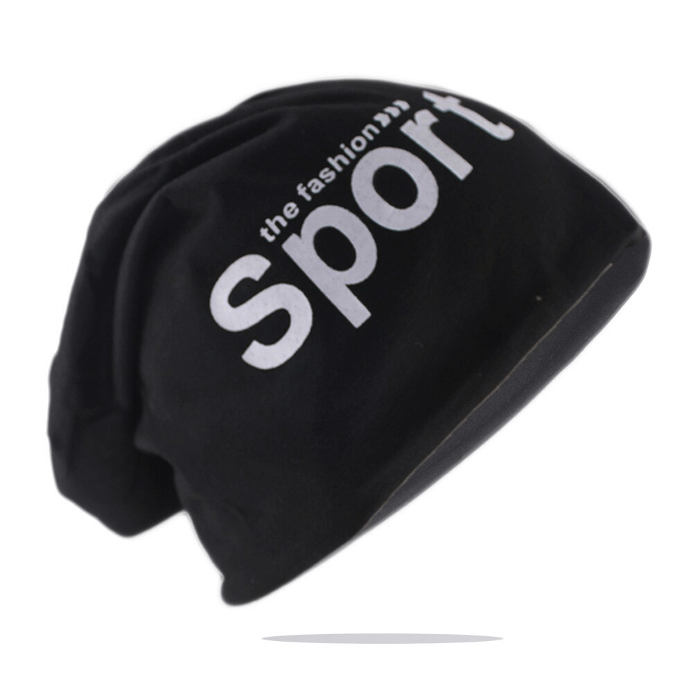 Black unisex letter print sports beanie with bold white lettering, lightweight polyester, ideal for casual or athletic wear.
