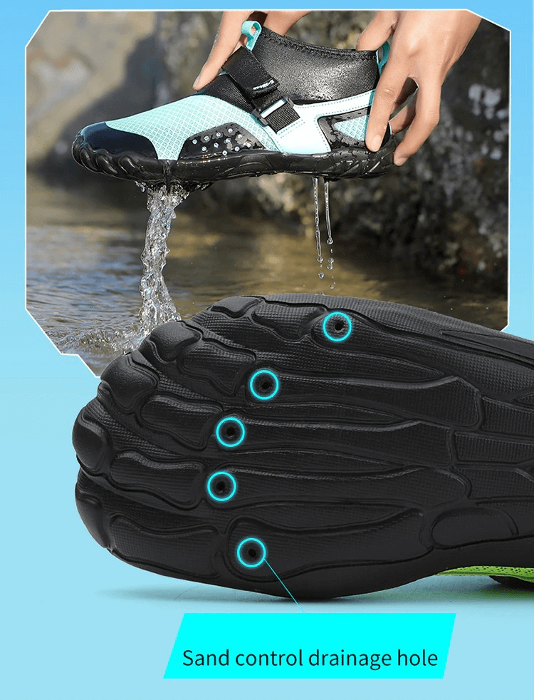 Unisex light water shoes with drainage holes ideal for water activities, featuring slip-resistant outsole and adjustable fit.